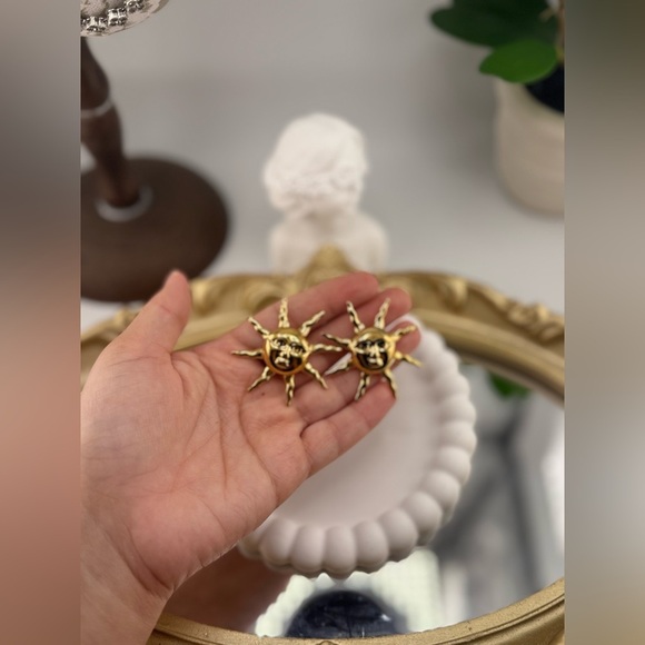 Gold Sun Face Statement Earrings – Artistic Celestial Jewelry - Picture 5 of 5